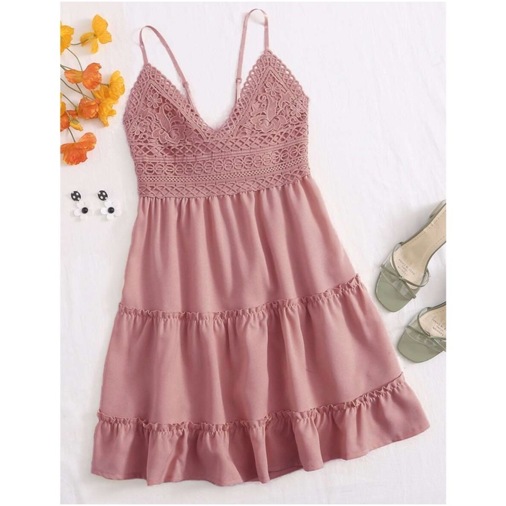 016 Boho Pink Floral Crochet Back Tie Ruffle dress - Picture 2 of 4